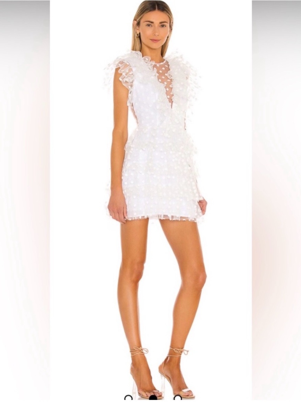 MAJORELLE White Ruffled Dot-Texture Mini Dress